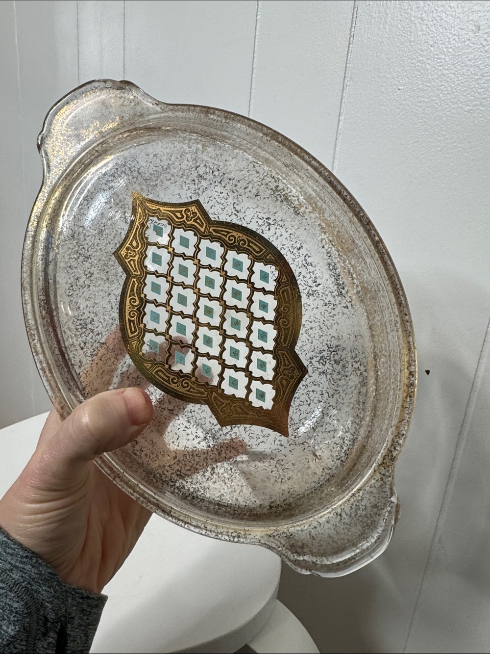 Vintage gold speckled mid century fire king casserole dish with lid